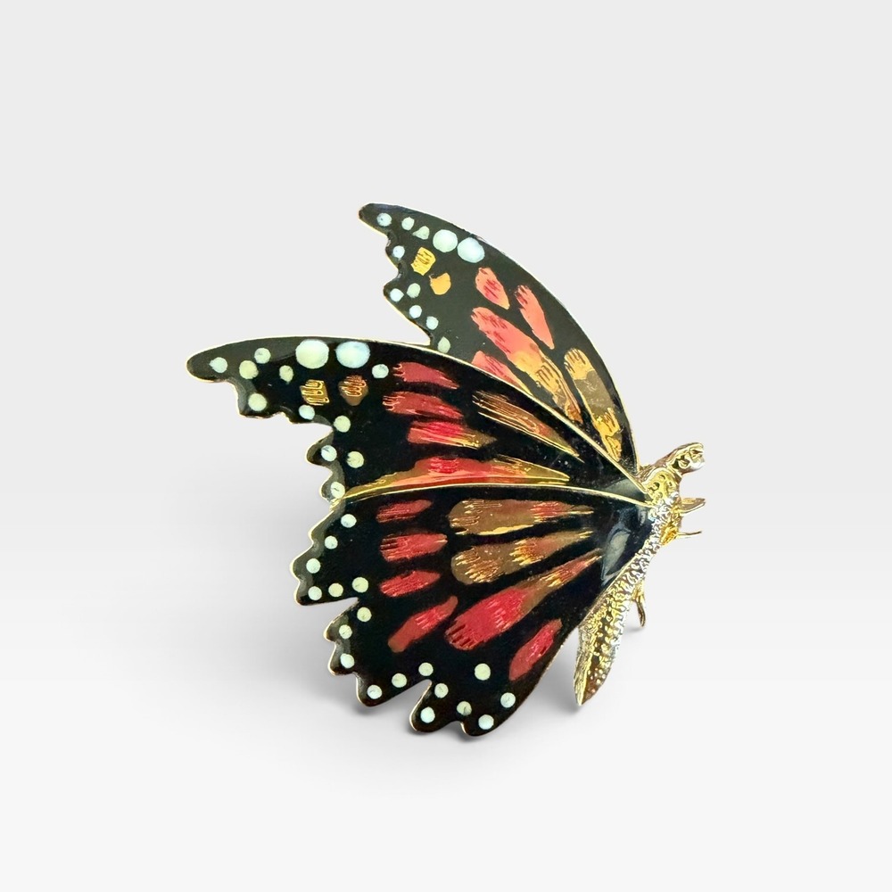 Vintage Butterfly Brooch Pin Black Red Gold Hand Painted Enamel Gold Tone 2"